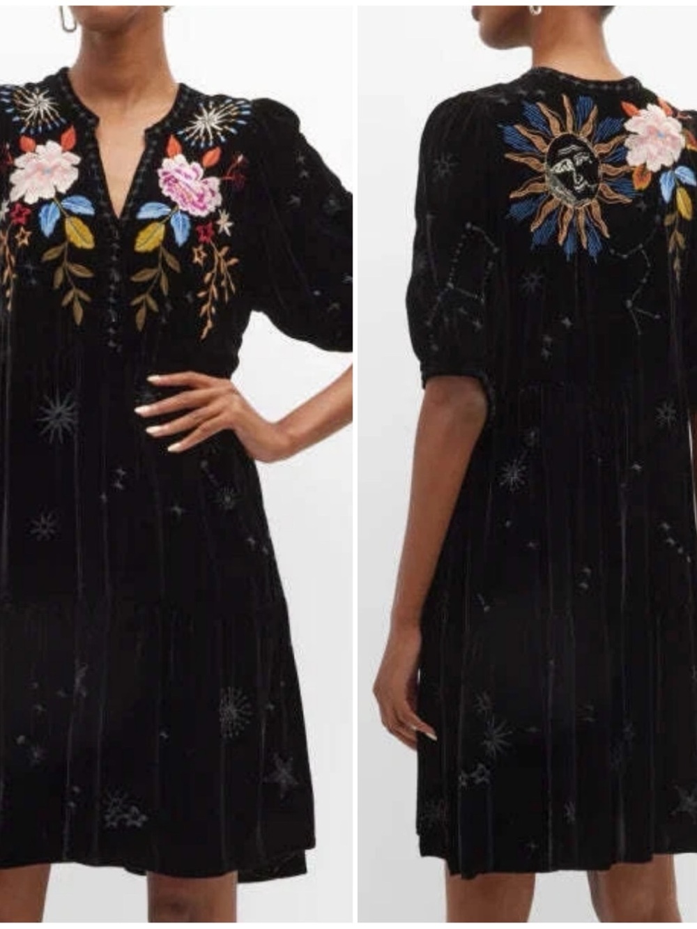Johnny Was Large Celestine Black Embroidered Short Sleeve Boho Mini Dress